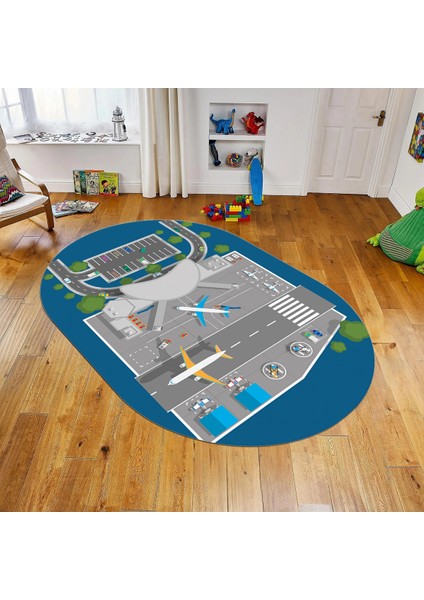Dijital Baskılı Kaymaz Taban Yıkanabilir Oval Çocuk Odası Oyun Halısı, V-O-Çocuk-50-Mavi,