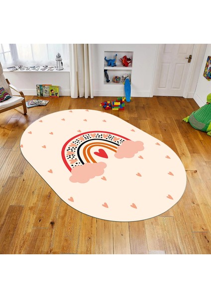 Dijital Baskılı Kaymaz Taban Yıkanabilir Oval Çocuk Odası Oyun Halısı, V-O-Çocuk-15-Krem,