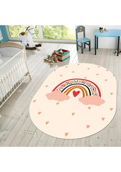 Dijital Baskılı Kaymaz Taban Yıkanabilir Oval Çocuk Odası Oyun Halısı, V-O-Çocuk-15-Krem, fiyatları
