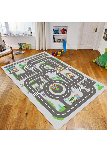 Dijital Baskılı Kaymaz Taban Yıkanabilir Çocuk Odası Oyun Halısı, V-Çocuk-17-Gri,