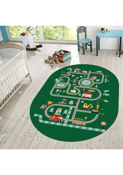 Dijital Baskılı Kaymaz Taban Yıkanabilir Oval Çocuk Odası Oyun Halısı, V-O-Çocuk-48-Yeşil, fiyatları