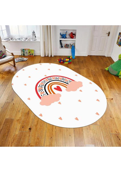 Dijital Baskılı Kaymaz Taban Yıkanabilir Oval Çocuk Odası Oyun Halısı, V-O-Çocuk-15-Beyaz,