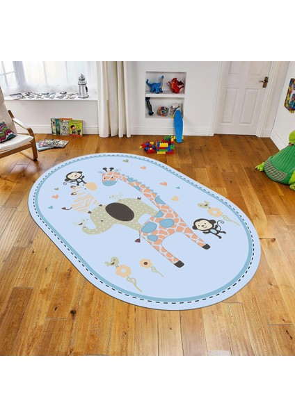 Dijital Baskılı Kaymaz Taban Yıkanabilir Oval Çocuk Odası Oyun Halısı, V-O-Çocuk-21-Mavi,