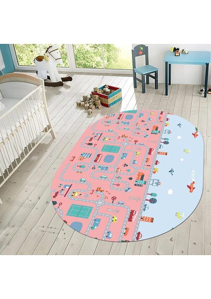 Dijital Baskılı Kaymaz Taban Yıkanabilir Oval Çocuk Odası Oyun Halısı, V-O-Çocuk-19-Pembe, fiyatları