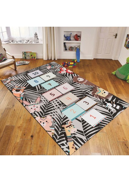 Dijital Baskılı Kaymaz Taban Yıkanabilir Çocuk Odası Oyun Halısı, V-Çocuk-28-Antrasit,