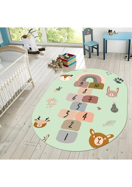 Dijital Baskılı Kaymaz Taban Yıkanabilir Oval Çocuk Odası Oyun Halısı, V-O-Çocuk-29-Yeşil,