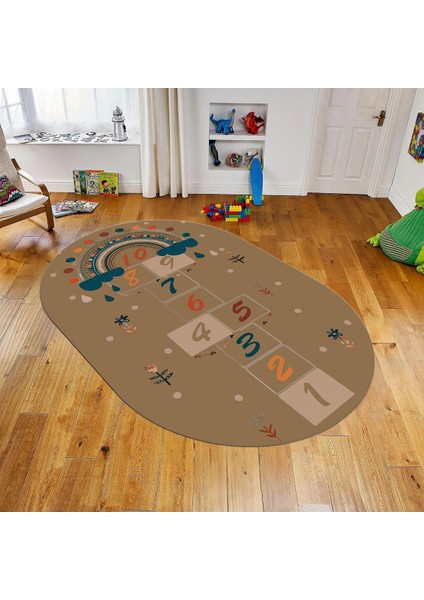 Dijital Baskılı Kaymaz Taban Yıkanabilir Oval Çocuk Odası Oyun Halısı, V-O-Çocuk-30-Kahve,