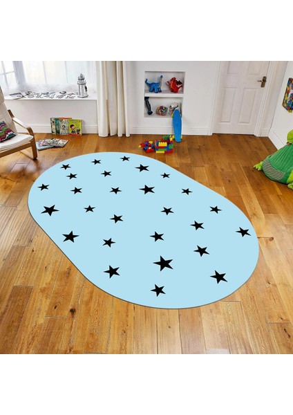 Dijital Baskılı Kaymaz Taban Yıkanabilir Oval Çocuk Odası Oyun Halısı, V-O-Çocuk-32-Mavi,