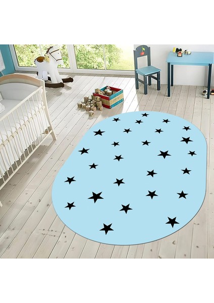 Dijital Baskılı Kaymaz Taban Yıkanabilir Oval Çocuk Odası Oyun Halısı, V-O-Çocuk-32-Mavi,