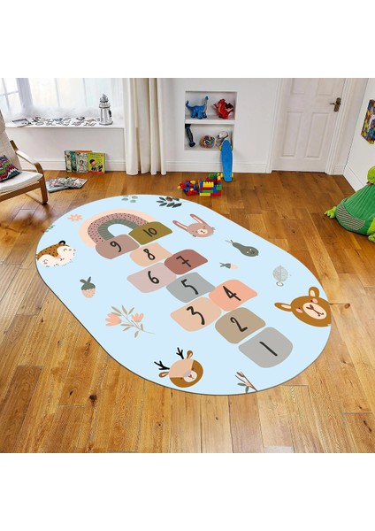 Dijital Baskılı Kaymaz Taban Yıkanabilir Oval Çocuk Odası Oyun Halısı, V-O-Çocuk-29-Mavi,
