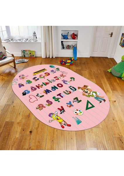 Dijital Baskılı Kaymaz Taban Yıkanabilir Oval Çocuk Odası Oyun Halısı, V-O-Çocuk-33-Pembe,
