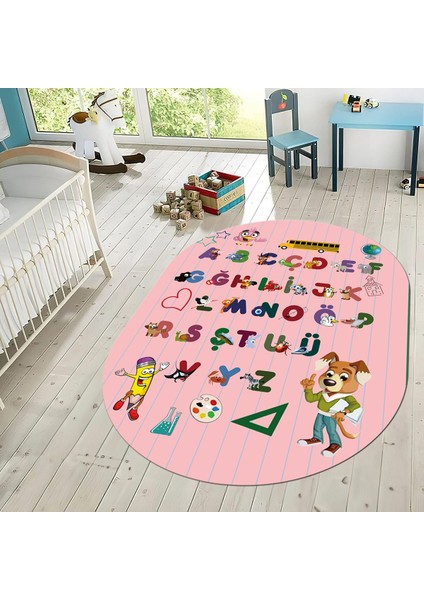 Dijital Baskılı Kaymaz Taban Yıkanabilir Oval Çocuk Odası Oyun Halısı, V-O-Çocuk-33-Pembe,