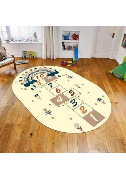 Dijital Baskılı Kaymaz Taban Yıkanabilir Oval Çocuk Odası Oyun Halısı, V-O-Çocuk-30-Krem,