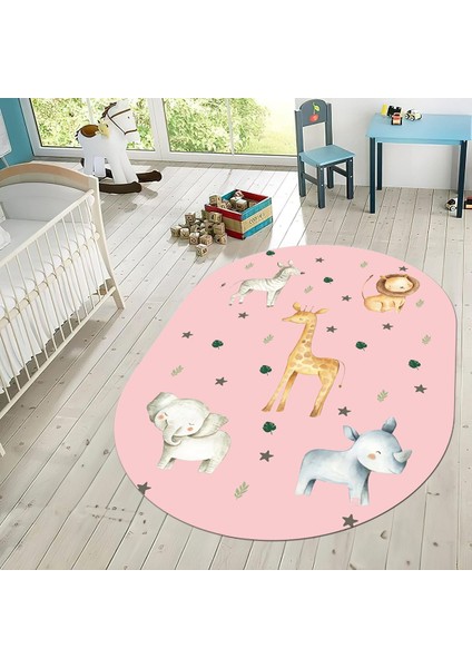 Dijital Baskılı Kaymaz Taban Yıkanabilir Oval Çocuk Odası Oyun Halısı, V-O-Çocuk-35-Pembe, fiyatları