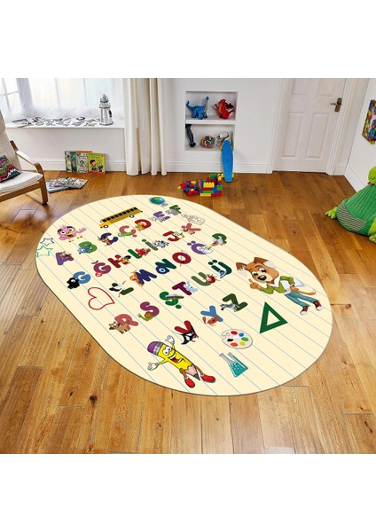 Dijital Baskılı Kaymaz Taban Yıkanabilir Oval Çocuk Odası Oyun Halısı, V-O-Çocuk-33-Krem,