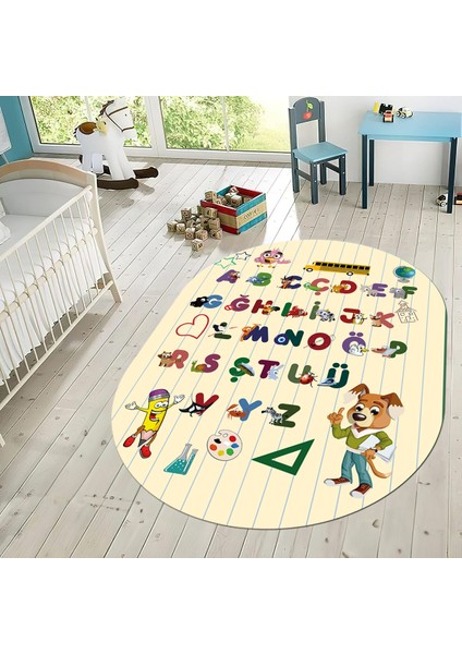 Dijital Baskılı Kaymaz Taban Yıkanabilir Oval Çocuk Odası Oyun Halısı, V-O-Çocuk-33-Krem,
