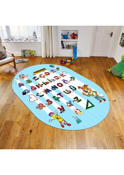 Dijital Baskılı Kaymaz Taban Yıkanabilir Oval Çocuk Odası Oyun Halısı, V-O-Çocuk-33-Beyaz,