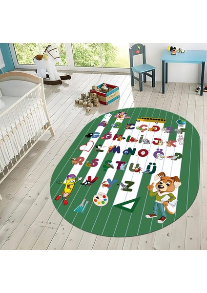 Dijital Baskılı Kaymaz Taban Yıkanabilir Oval Çocuk Odası Oyun Halısı, V-O-Çocuk-33-Beyaz,