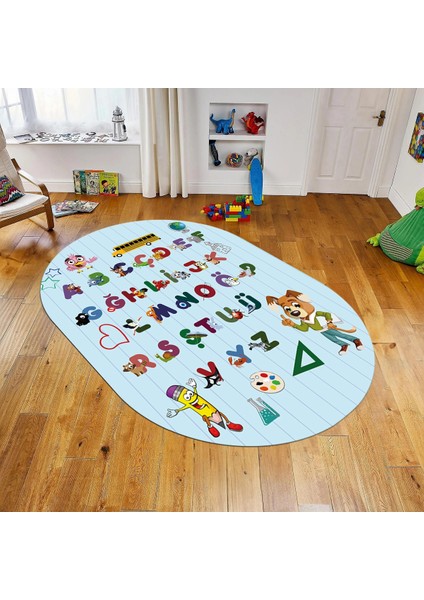 Dijital Baskılı Kaymaz Taban Yıkanabilir Oval Çocuk Odası Oyun Halısı, V-O-Çocuk-33-Mavi,