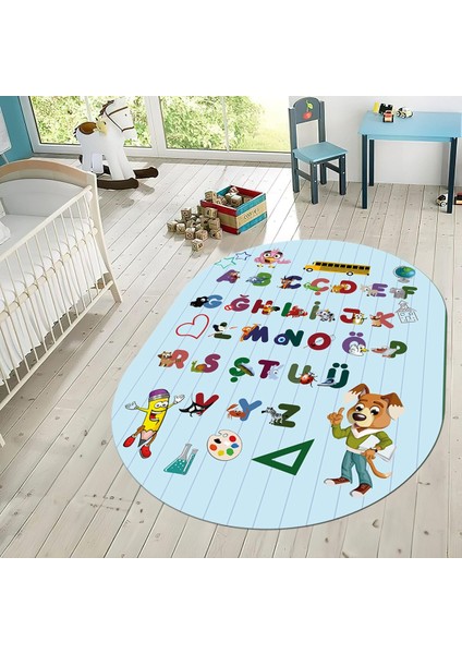 Dijital Baskılı Kaymaz Taban Yıkanabilir Oval Çocuk Odası Oyun Halısı, V-O-Çocuk-33-Mavi,