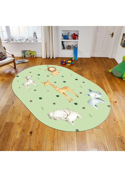 Dijital Baskılı Kaymaz Taban Yıkanabilir Oval Çocuk Odası Oyun Halısı, V-O-Çocuk-35-Yeşil,