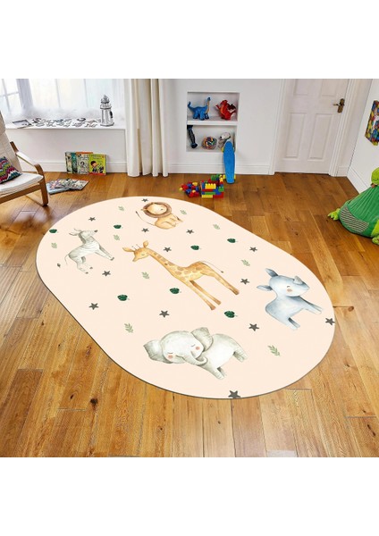 Dijital Baskılı Kaymaz Taban Yıkanabilir Oval Çocuk Odası Oyun Halısı, V-O-Çocuk-35-Krem,
