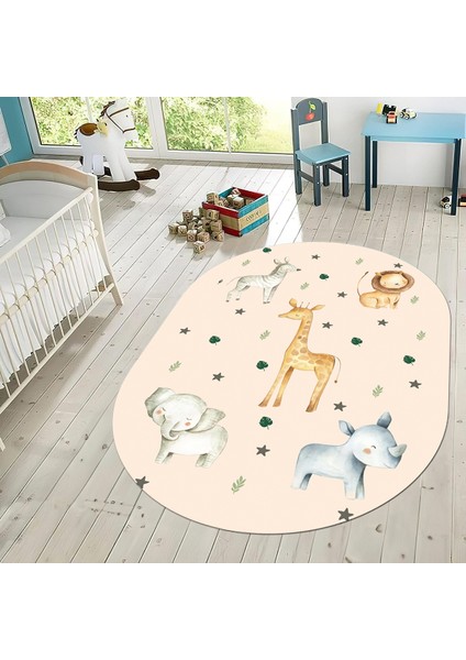 Dijital Baskılı Kaymaz Taban Yıkanabilir Oval Çocuk Odası Oyun Halısı, V-O-Çocuk-35-Krem,