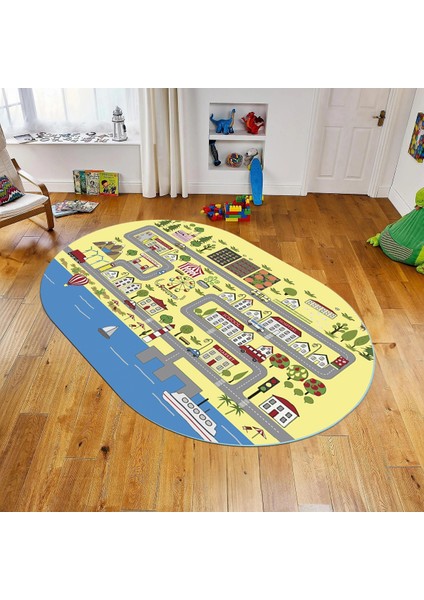 Dijital Baskılı Kaymaz Taban Yıkanabilir Oval Çocuk Odası Oyun Halısı, V-O-Çocuk-07-Sarı,