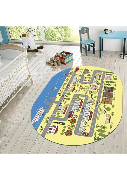 Dijital Baskılı Kaymaz Taban Yıkanabilir Oval Çocuk Odası Oyun Halısı, V-O-Çocuk-07-Sarı, fiyatları