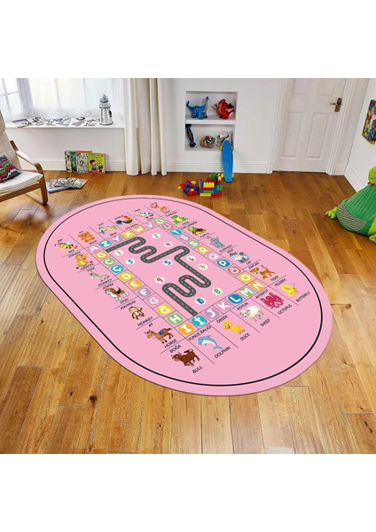 Dijital Baskılı Kaymaz Taban Yıkanabilir Oval Çocuk Odası Oyun Halısı, V-O-Çocuk-44-Pembe,