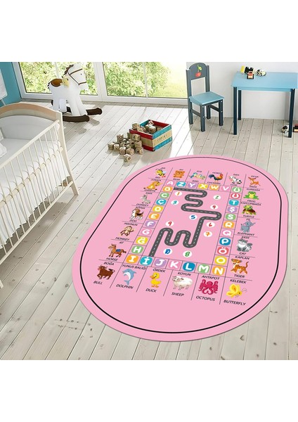 Dijital Baskılı Kaymaz Taban Yıkanabilir Oval Çocuk Odası Oyun Halısı, V-O-Çocuk-44-Pembe, fiyatları