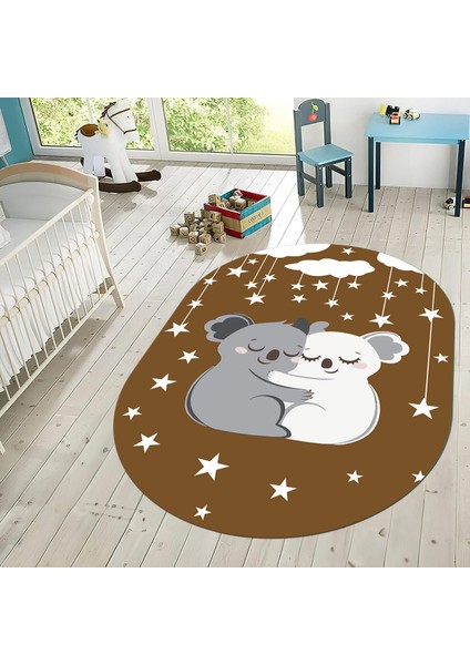 Dijital Baskılı Kaymaz Taban Yıkanabilir Oval Çocuk Odası Oyun Halısı, V-O-Çocuk-22-Kahverengi, fiyatları