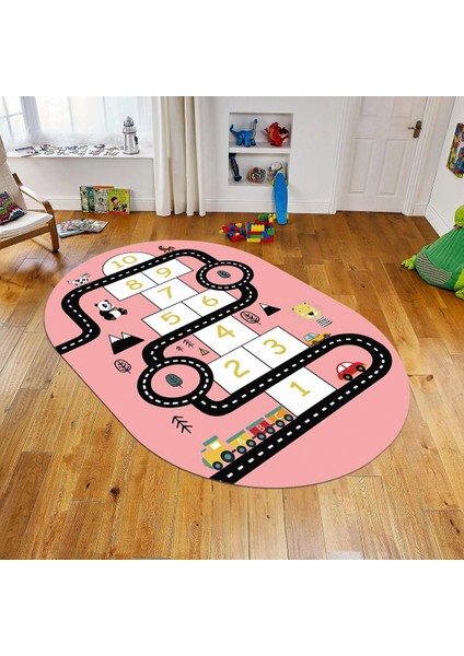 Dijital Baskılı Kaymaz Taban Yıkanabilir Oval Çocuk Odası Oyun Halısı, V-O-Çocuk-06-Pembe,