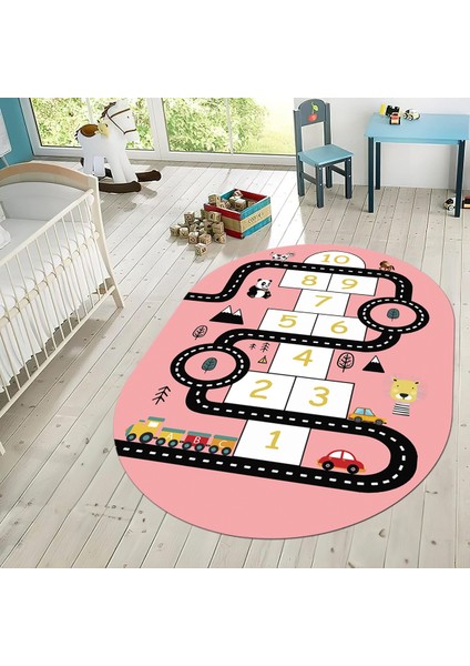 Dijital Baskılı Kaymaz Taban Yıkanabilir Oval Çocuk Odası Oyun Halısı, V-O-Çocuk-06-Pembe, fiyatları
