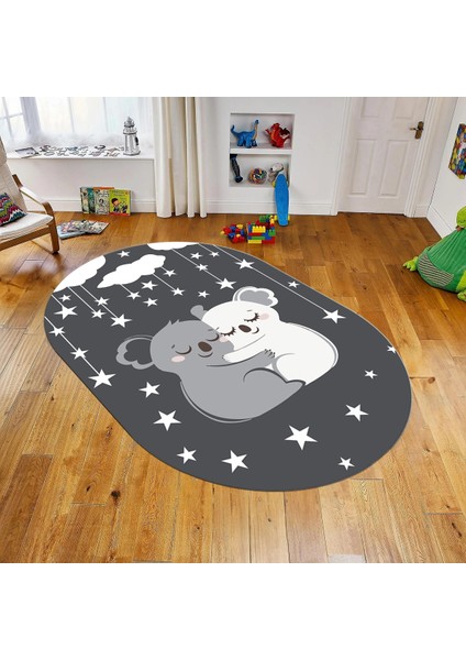 Dijital Baskılı Kaymaz Taban Yıkanabilir Oval Çocuk Odası Oyun Halısı, V-O-Çocuk-22-Antrasit,