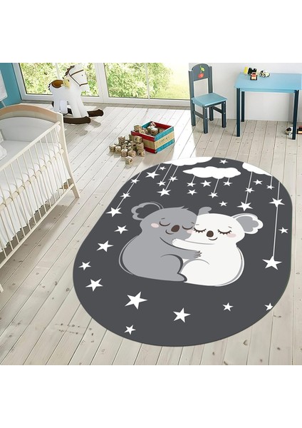 Dijital Baskılı Kaymaz Taban Yıkanabilir Oval Çocuk Odası Oyun Halısı, V-O-Çocuk-22-Antrasit, fiyatları