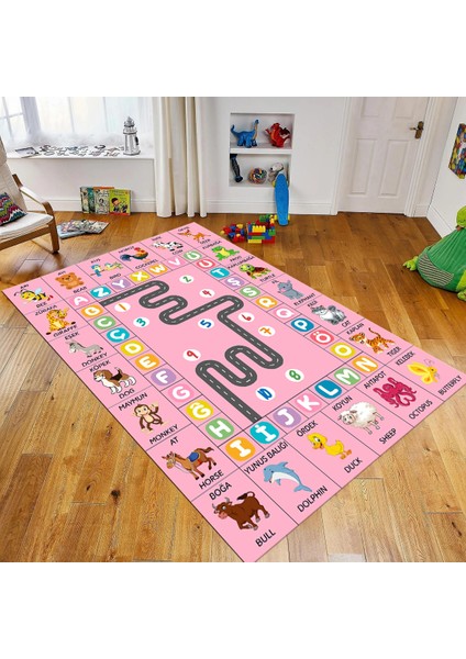 Dijital Baskılı Kaymaz Taban Yıkanabilir Çocuk Odası Oyun Halısı, V-Çocuk-44-Pembe,