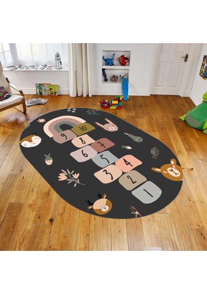 Dijital Baskılı Kaymaz Taban Yıkanabilir Oval Çocuk Odası Oyun Halısı, V-O-Çocuk-29-Antrasit,