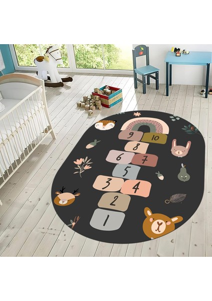 Dijital Baskılı Kaymaz Taban Yıkanabilir Oval Çocuk Odası Oyun Halısı, V-O-Çocuk-29-Antrasit, fiyatları