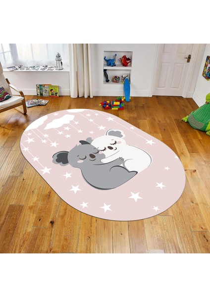 Dijital Baskılı Kaymaz Taban Yıkanabilir Oval Çocuk Odası Oyun Halısı, V-O-Çocuk-22-Pembe,