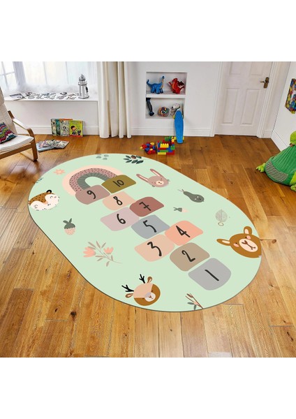 Dijital Baskılı Kaymaz Taban Yıkanabilir Oval Çocuk Odası Oyun Halısı, V-O-Çocuk-29-Yeşil,