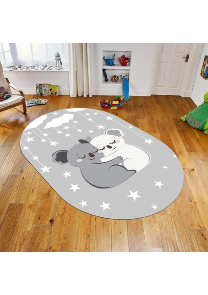 Dijital Baskılı Kaymaz Taban Yıkanabilir Oval Çocuk Odası Oyun Halısı, V-O-Çocuk-22-Gri,