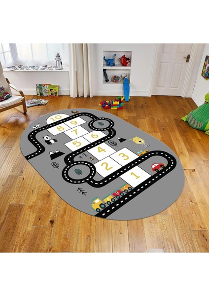 Dijital Baskılı Kaymaz Taban Yıkanabilir Oval Çocuk Odası Oyun Halısı, V-O-Çocuk-06-Gri,
