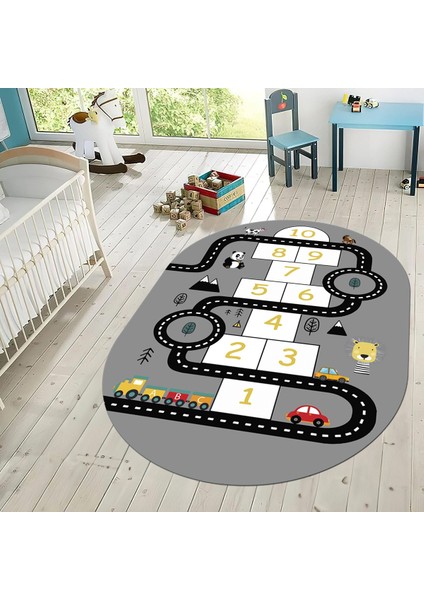 Dijital Baskılı Kaymaz Taban Yıkanabilir Oval Çocuk Odası Oyun Halısı, V-O-Çocuk-06-Gri, fiyatları