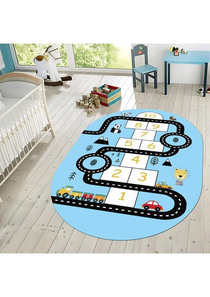 Dijital Baskılı Kaymaz Taban Yıkanabilir Oval Çocuk Odası Oyun Halısı, V-O-Çocuk-06-Mavi, fiyatları