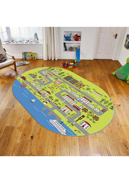 Dijital Baskılı Kaymaz Taban Yıkanabilir Oval Çocuk Odası Oyun Halısı, V-O-Çocuk-07-Yeşil,