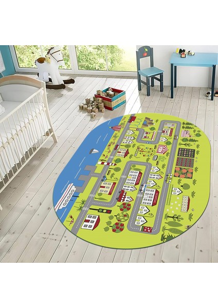 Dijital Baskılı Kaymaz Taban Yıkanabilir Oval Çocuk Odası Oyun Halısı, V-O-Çocuk-07-Yeşil, fiyatları