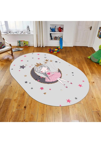 Dijital Baskılı Kaymaz Taban Yıkanabilir Oval Çocuk Odası Oyun Halısı, V-O-Çocuk-13-Gri,