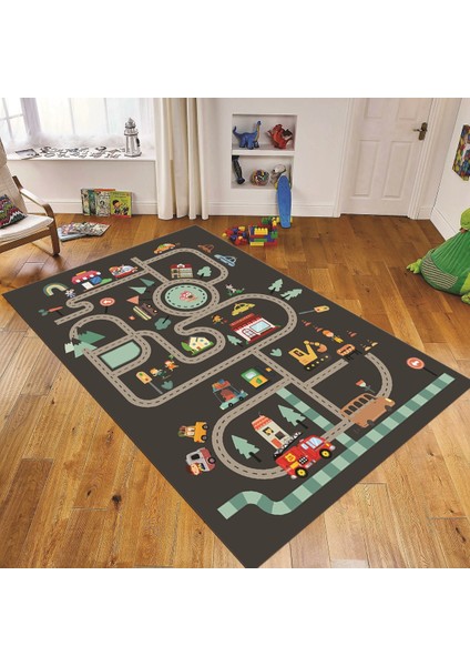 Dijital Baskılı Kaymaz Taban Yıkanabilir Çocuk Odası Oyun Halısı, V-Çocuk-48-Antrasit,