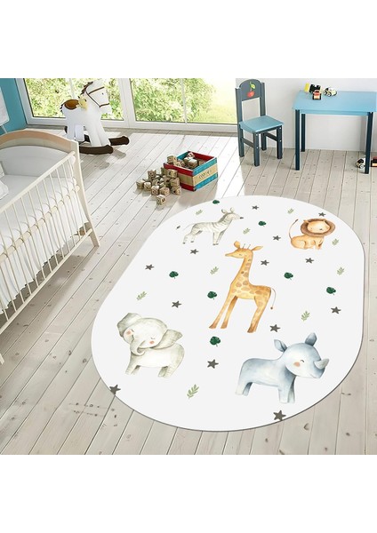 Dijital Baskılı Kaymaz Taban Yıkanabilir Oval Çocuk Odası Oyun Halısı, V-O-Çocuk-35-Beyaz,